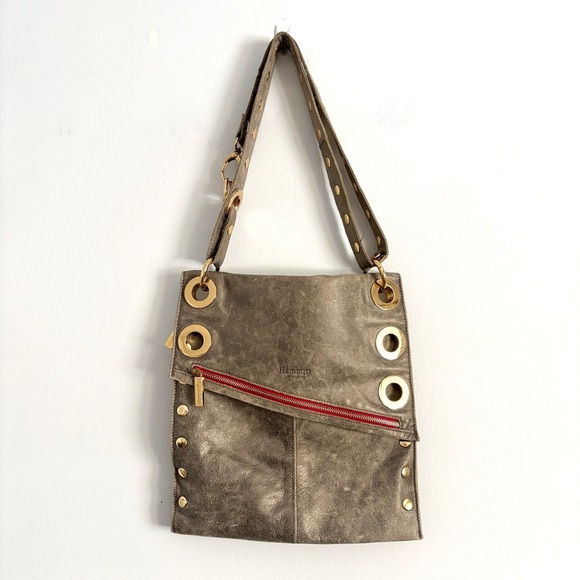 Hammitt Handbags - Hammitt Roxbury Large Purse Pewter and Brushed Gold w/ Red Zip Crossbody Bag
